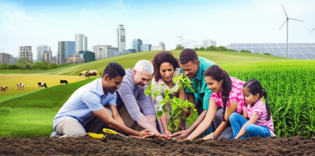 A multi-generational family (grandparents, parents, and children) happily planting a sapling together in fertile soil, with a backdrop of diverse, prosperous-looking landscapes in the distance (e.g., a modern cityscape with sustainable buildings, a thriving farm, a renewable energy plant).