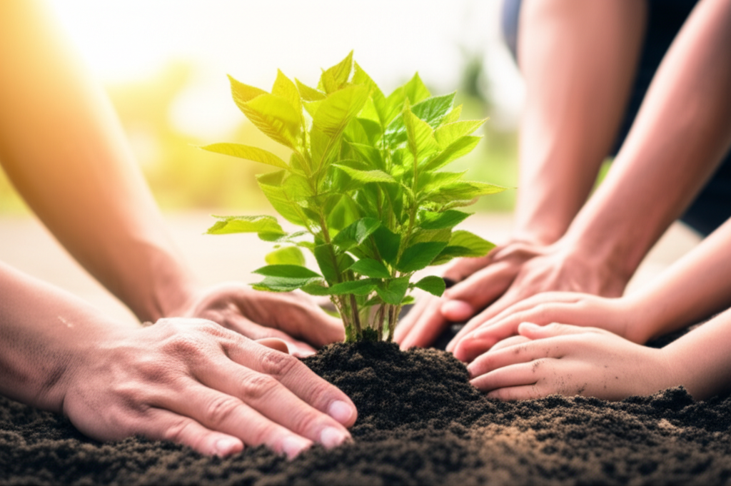 A lush, green sapling being carefully planted into healthy soil by a family's hands (father, mother, and child visible). Sunlight is subtly shining down onto the sapling.