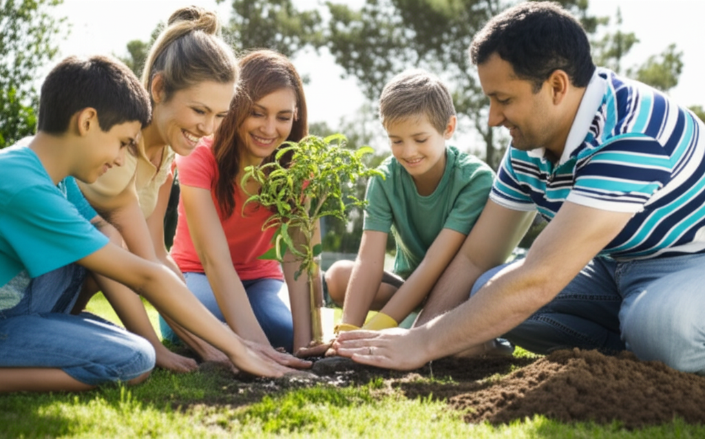 A family (parents and two children) planting a small tree together in a sunny garden. The tree is still young and needs support, which the family is gently providing. The faces of the family should show optimism, togetherness, and care.