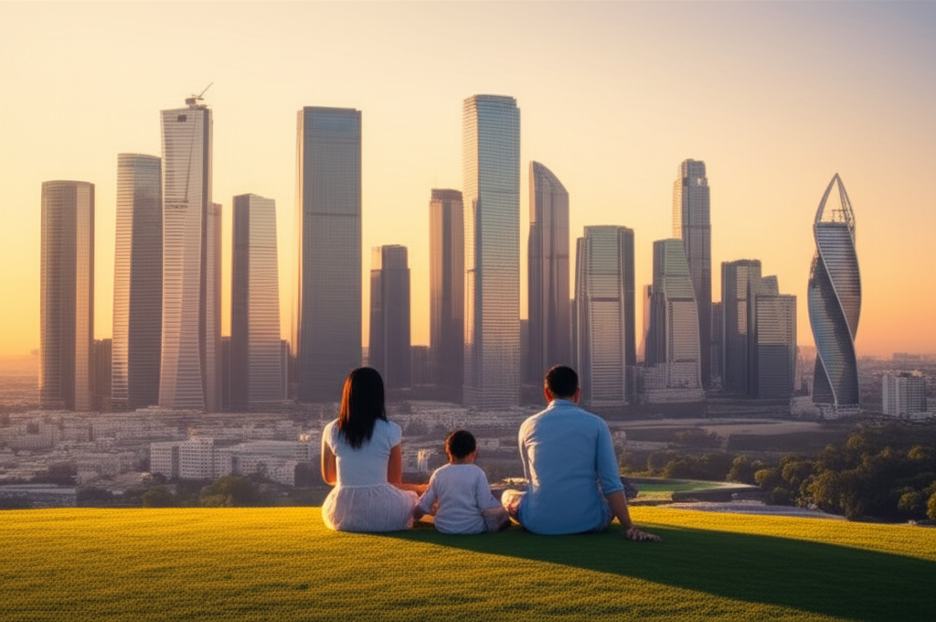 A tranquil scene of a family (mother, father, and child) enjoying a sunset picnic on a grassy hill overlooking a prosperous, modern city skyline. The family is facing away from the viewer, suggesting they are looking towards a bright future. The overall tone is peaceful and optimistic.