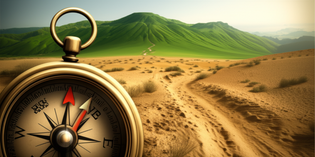 An image showing a compass pointing towards a distant, flourishing green oasis, with a well-trodden but slightly winding path leading towards it across a dry, sandy landscape.