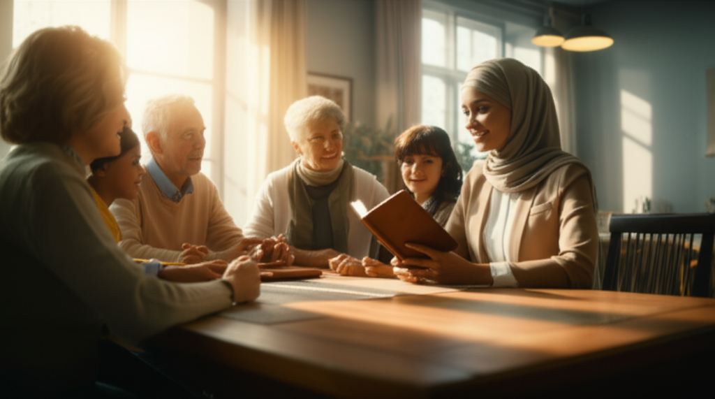 An image showing a warm, softly lit scene of a diverse family (parents, children, and grandparents) gathered comfortably around a dining table. They are engaged in a gentle, attentive conversation with a friendly, smiling advisor (male or female, dressed professionally but warmly, and visibly Muslim) who is holding a closed, elegant leather-bound notebook. Sunlight streams in softly through a window, suggesting a sense of security and hope.