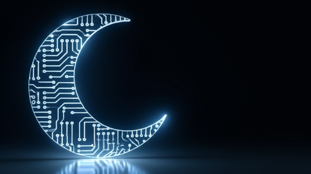 A stylized, glowing circuit board pattern forming the shape of a crescent moon.