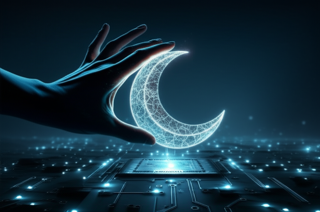 A silhouetted hand gently placing a glowing, intricately patterned crescent moon into a stylized circuit board filled with glowing nodes.