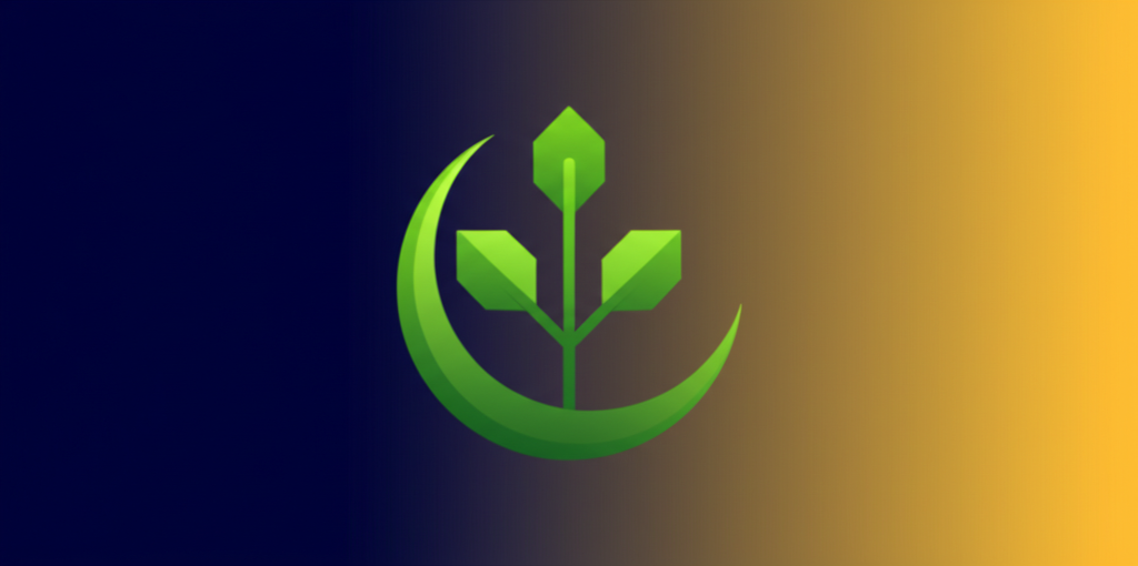 A stylized, verdant green seedling (representing growth and technology) sprouting from a stylized crescent moon (representing Islamic finance principles), against a background that subtly gradients from dark blue (traditional finance) to vibrant gold (the untapped market).