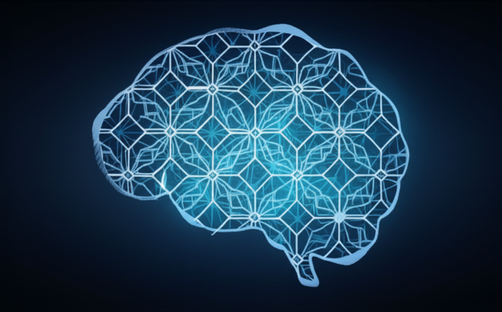 A stylized representation of a digital brain (neural network aesthetic, perhaps subtly glowing) with a faint, interwoven pattern inspired by Islamic geometric design subtly visible within its structure.