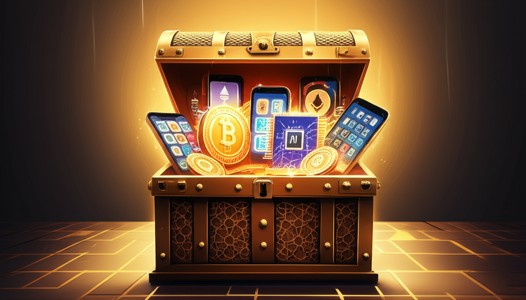 A stylized, open treasure chest overflowing with glowing digital currencies, apps on smartphones, and AI circuits, all bathed in a warm, golden light suggesting prosperity and discovery. The chest is subtly adorned with geometric Islamic patterns.