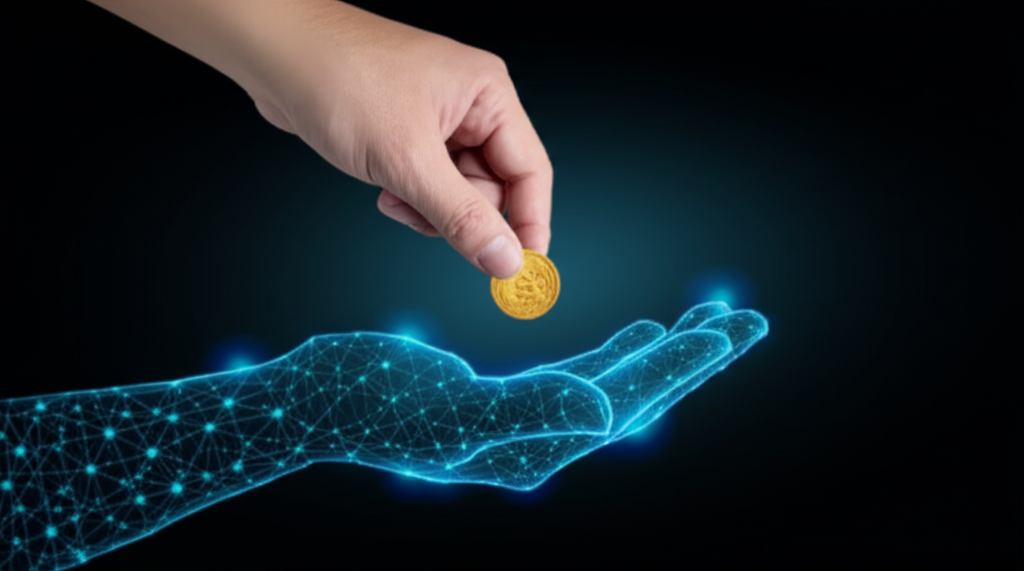A hand gently placing a single coin into a stylized, open hand that is composed of interconnected blockchain nodes, symbolizing both the giver and the technologically-enhanced recipient.