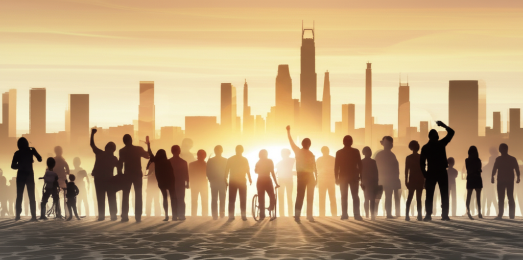 A diverse group of people, silhouetted against a radiant, golden-hour sunrise skyline of a futuristic city, are looking upwards with expressions of hope and optimism. Their silhouettes represent various ethnicities, ages, and abilities. In the foreground, subtle, geometric patterns inspired by Islamic art (think interlacing stars or arabesque designs) are subtly overlaid on the ground, giving a sense of grounding and ethical foundation.