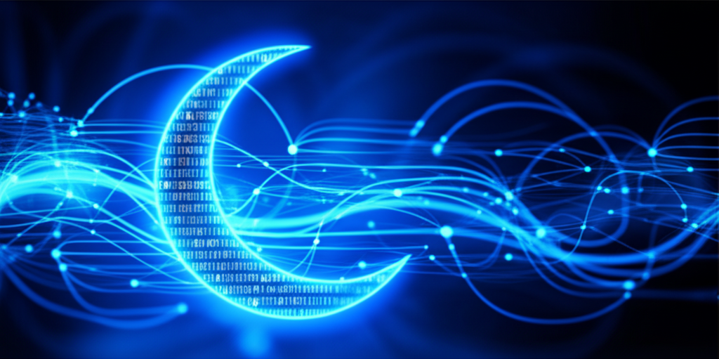 A stylized, glowing blue crescent moon containing a binary code pattern within its surface. The moon subtly overlays a blurred and interconnected network of global data streams, resembling abstract fiber optic cables.