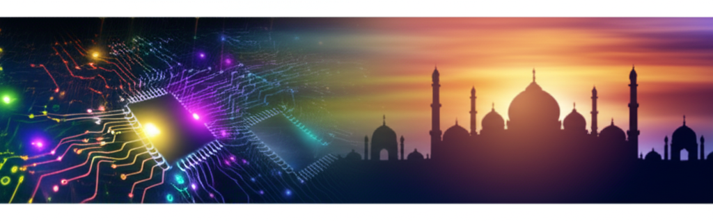 A split image. On the left, a stylized depiction of abstract circuit boards and glowing nodes, representing technology and innovation. On the right, a silhouetted cityscape featuring a prominent mosque dome and minarets against a warm, sunset-colored sky, evoking faith and tradition. The two sides are subtly merging in the center, perhaps with soft, overlapping colors or a gentle gradient.
