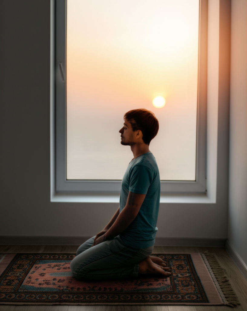 A person in a serene, naturally lit space kneeling in prayer, facing a window showing a soft sunrise. The person's posture is relaxed, and their face is peaceful and content. A small prayer rug is beneath them.
