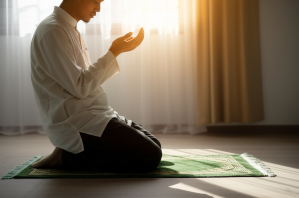 A serene, warmly lit photograph showcasing a person in modest attire (suggestive of a Halal lifestyle) kneeling on a prayer rug in a softly lit room, hands raised in prayer, with a gentle, diffused light filtering through a nearby window, casting a peaceful and calming ambiance. The person's face is obscured or only partially visible, emphasizing the universality and personal nature of prayer.