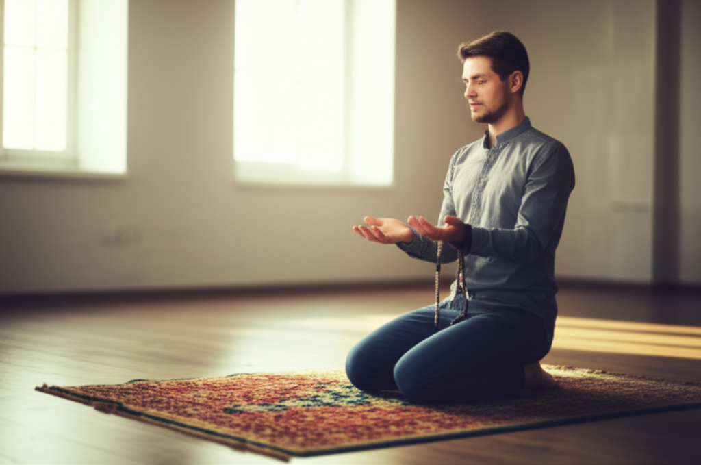 A person in a peaceful, sunlit room, kneeling on a prayer rug. Their eyes are closed, hands gently resting in their lap, palms up in a receptive posture. Soft light streams in, illuminating their face with a serene expression. A simple prayer bead strand is subtly visible near their hands.