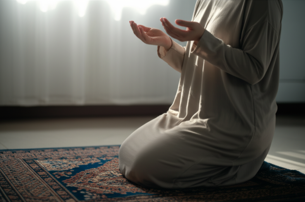 A person in modest, loose-fitting clothing (style suggesting Halal lifestyle) kneeling on a prayer rug indoors, bathed in soft, diffused sunlight streaming through a window. Their hands are open and raised slightly in a gesture of supplication or quiet reflection. The scene evokes a sense of peace and tranquility.