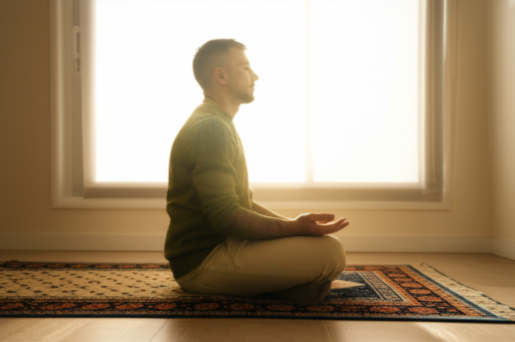 An image showing a person in a relaxed posture, sitting on a prayer rug, facing a sunlit window. The sunlight softly illuminates their face, which expresses serenity and peace. Their hands are resting gently in their lap, not necessarily in a praying position, but open and receptive. The background is simple and uncluttered, conveying a sense of calm and tranquility.