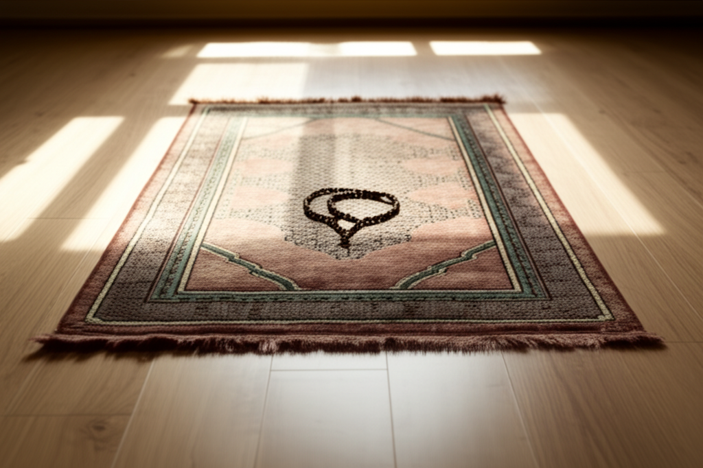 Sunlight gently streaming through a window, illuminating a prayer rug laid out on a clean, wooden floor. The only object on the rug is a simple, dark-colored set of prayer beads (tasbih) resting in the center.
