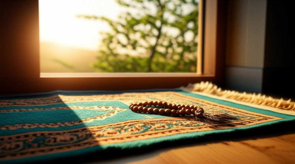An open prayer rug with prayer beads resting on it, bathed in soft, warm light streaming through a nearby window. Outside the window, a gentle breeze rustles the leaves of a tree.