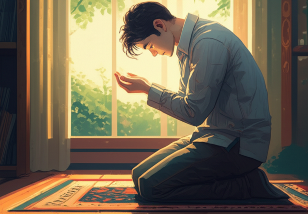 A person kneeling on a prayer mat, head bowed in prayer. Sunlight streams through a window, illuminating the person and casting a warm glow on their face and hands. The hands are open and upturned slightly. Greenery is visible outside the window.