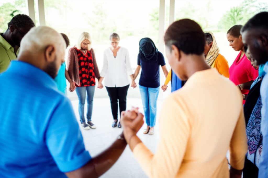 An image showing a diverse group of people (different ages, skin tones, attire suggesting various cultural backgrounds) gathered in a circle, holding hands. Their eyes are closed and heads bowed slightly, suggesting prayer or quiet reflection. The setting is a softly lit, neutral-toned space, perhaps a community center or park gazebo. There's a sense of peaceful connection and support emanating from the group.