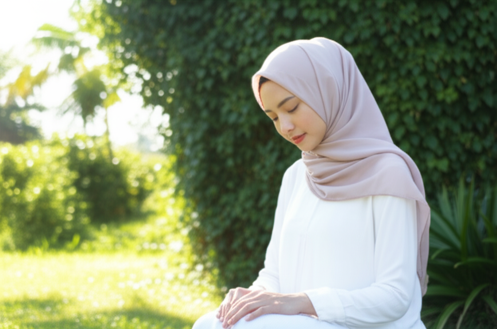 A person seated in a peaceful outdoor setting (garden or nature scene), head gently bowed, hands resting softly in their lap, eyes closed. Sunlight softly illuminates their face, highlighting a serene and calm expression. A flowing hijab or modest headscarf gently frames their face.