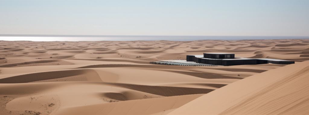 A panoramic view showcasing a modern, sleek architectural structure nestled harmoniously within a vast, untouched desert landscape with rolling dunes in the foreground and the glimmering Red Sea faintly visible in the background.