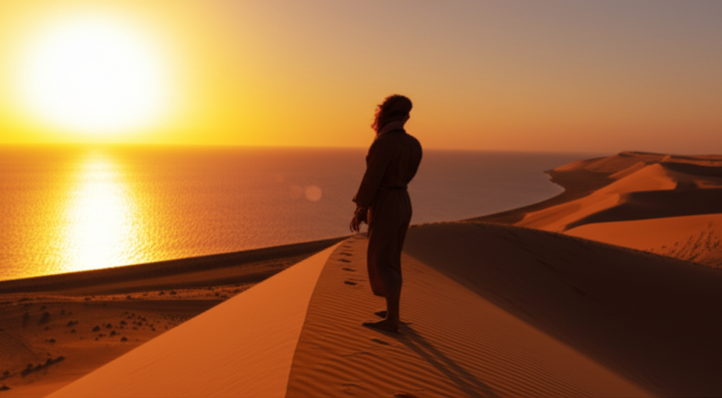 A silhouetted traveler standing on a pristine, untouched sand dune at sunset, overlooking the shimmering Red Sea in the distance. The traveler is wearing modest, flowing clothing and appears to be gazing towards the horizon with a sense of peace and contentment.