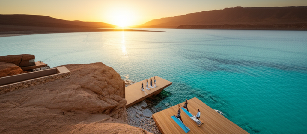 A pristine, turquoise bay in NEOM. In the foreground, a luxurious, minimalist eco-lodge seamlessly integrated into the rocky coastline, appearing almost camouflaged. A small, elegantly dressed group of people (modest clothing appropriate for the region) are practicing sunrise yoga on a wooden deck extending from the lodge, overlooking the tranquil water. The rising sun casts a warm, golden glow over the scene.