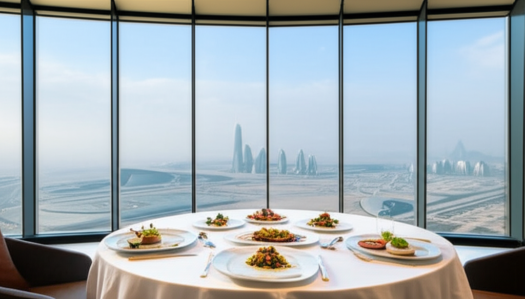 An elegantly set table featuring beautifully plated, Halal-certified cuisine, with a panoramic view of NEOM's futuristic architecture visible through the floor-to-ceiling windows behind it. The focus is on the food and architecture, suggesting a luxury dining experience within the unique setting.