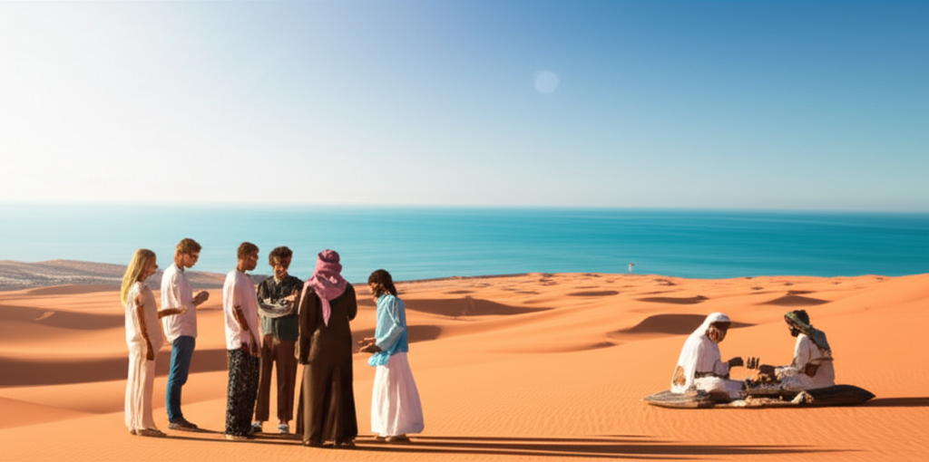 A wide, sun-drenched desert landscape of NEOM, meeting the turquoise Red Sea. In the foreground, a small group of diverse individuals, modestly dressed and respectfully interacting with a local Bedouin family who are offering them dates and traditional coffee. Solar panels are subtly visible in the distance, integrated into the natural landscape.