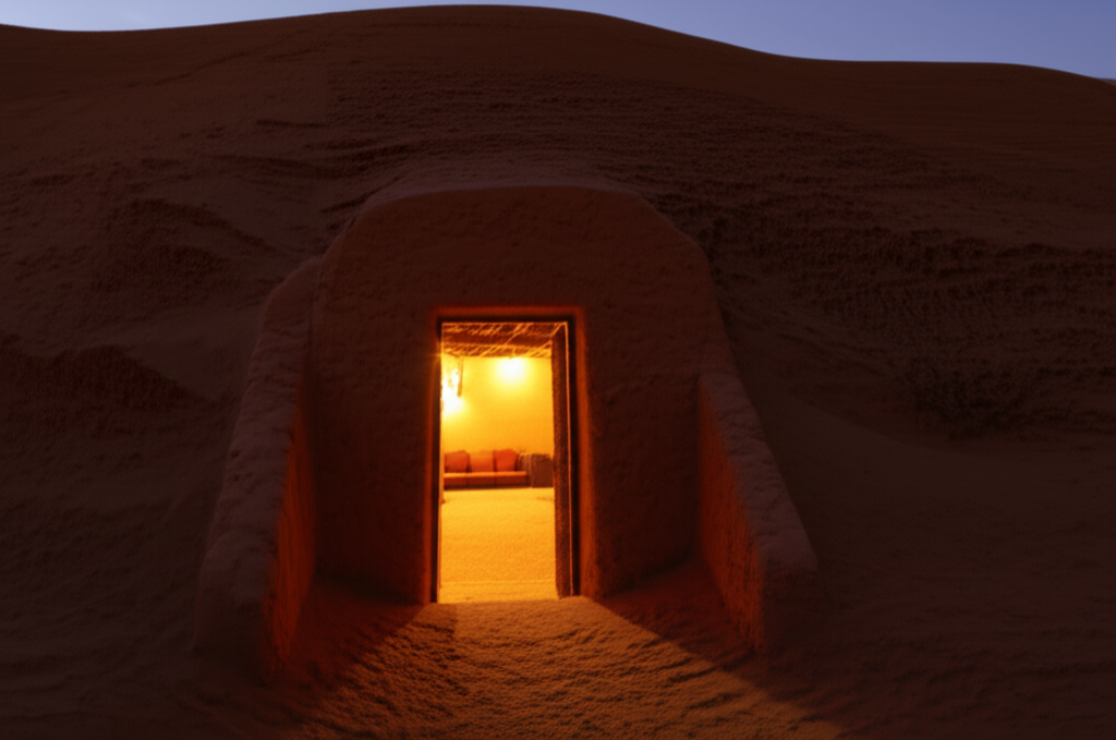 A warmly lit, partially obscured doorway in a desert landscape. The doorway is crafted from natural materials (stone or wood) and leads into what appears to be a private courtyard. We see only hints of the interior - perhaps the edge of a cushioned seating area or the gentle glow of lanterns, suggesting privacy and tranquility. The scene is peaceful and inviting, without revealing the entire accommodation.