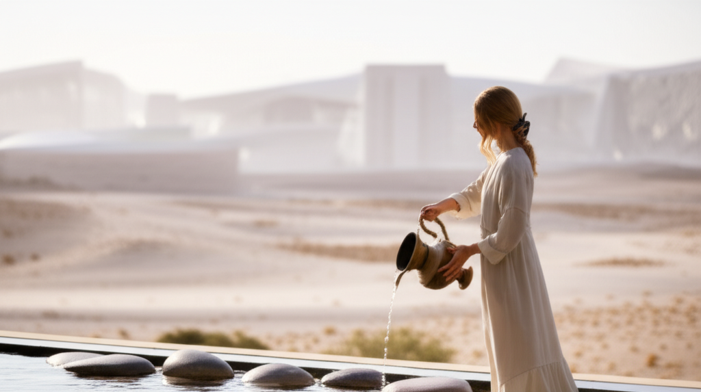 A serene, sun-drenched scene of a woman in modest, loose-fitting clothing, gently pouring water from a traditional ornate pitcher over polished stones in a shallow outdoor spa basin. The backdrop shows blurred, but clearly identifiable, Neom architecture subtly blended into natural desert landscape.