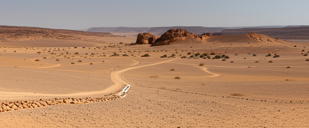 A panoramic view showcasing the stark, dramatic desert landscape near NEOM, with the subtle, weathered ruins of an ancient Islamic fort or caravanserai blending into the background. A small, clearly marked eco-friendly hiking trail winds towards it, emphasizing the blend of heritage and sustainable tourism.