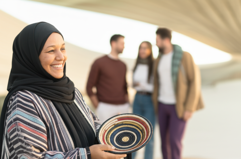 A photograph showcasing a local Saudi artisan (preferably a woman) in traditional dress, smiling as she displays a handcrafted item (e.g., woven basket, piece of pottery) to a blurred, respectfully dressed tourist couple. The background should subtly feature a modern, eco-friendly architectural element of NEOM.