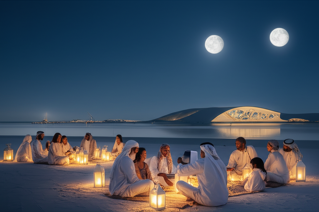 A wide, gently panoramic shot showcasing people in elegant, modest attire gathered on a pristine, moonlit beach in NEOM. In the background, futuristic architectural elements are subtly illuminated, reflecting in the calm waters. Families are seen enjoying a post-iftar meal, with lanterns casting a warm glow on their faces. Focus is on capturing a sense of serene joy and community against the backdrop of NEOM's unique environment.