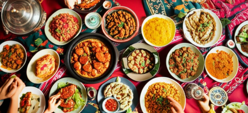A top-down shot showcasing a colorful array of Halal dishes arranged in a visually appealing manner. The dishes should be diverse, showcasing various cooking styles and ingredients. Around the dishes, incorporate subtle elements hinting at the festival atmosphere, such as decorative fabrics, traditional serving ware, and hands partially visible reaching for food. The lighting should be warm and inviting, highlighting the textures and colors of the food.