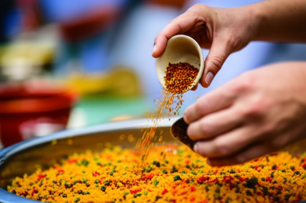 A close-up, slightly overhead shot of hands gently pouring a small amount of vibrant, richly colored spices from a small dish into a larger bowl of already prepared, colorful rice and vegetable dish. The hands are warm-toned and could belong to someone of any age or gender, suggesting a universal welcoming gesture. The background is blurred but hints at a busy, festive atmosphere.