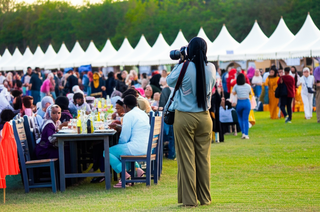 A photograph showcasing a photographer discreetly and respectfully positioned on the periphery of a Halal food festival scene. The photographer is wearing modest, comfortable clothing (long sleeves, loose-fitting pants, headscarf if applicable to the photographer's own religious practice), and they're using a telephoto lens to capture a candid, unposed moment of people enjoying food and conversation at a communal table, avoiding direct close-ups that might feel intrusive. The overall impression should be one of respectful distance and mindful observation.
