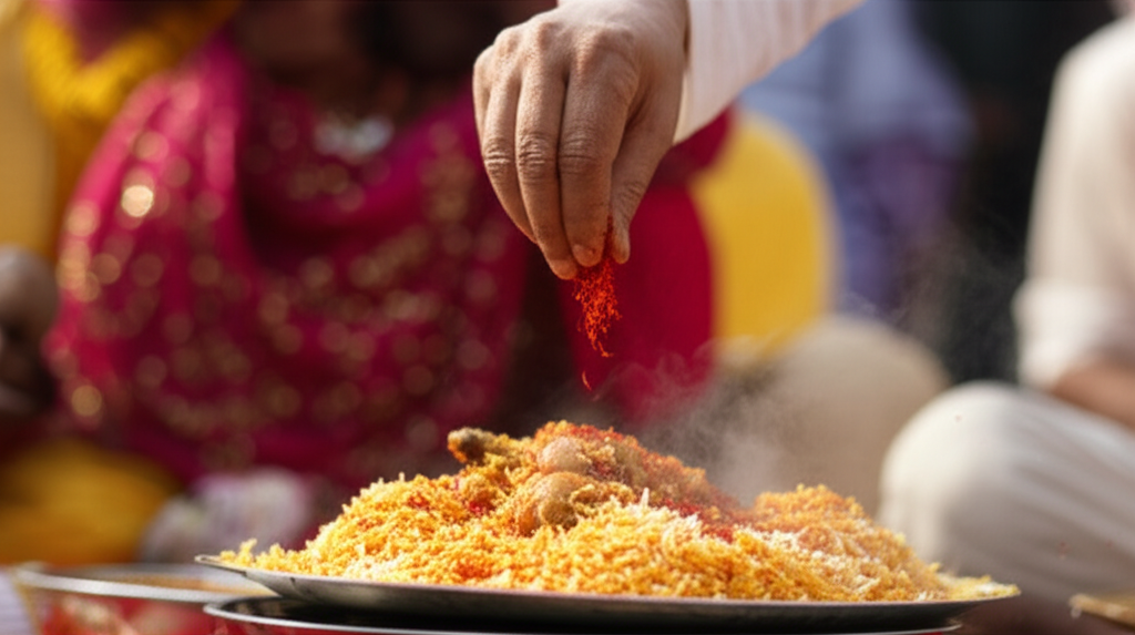 A close-up shot of a weathered hand gently sprinkling saffron threads over a steaming plate of biryani, with a blurred background of festival activity and colorful fabrics.