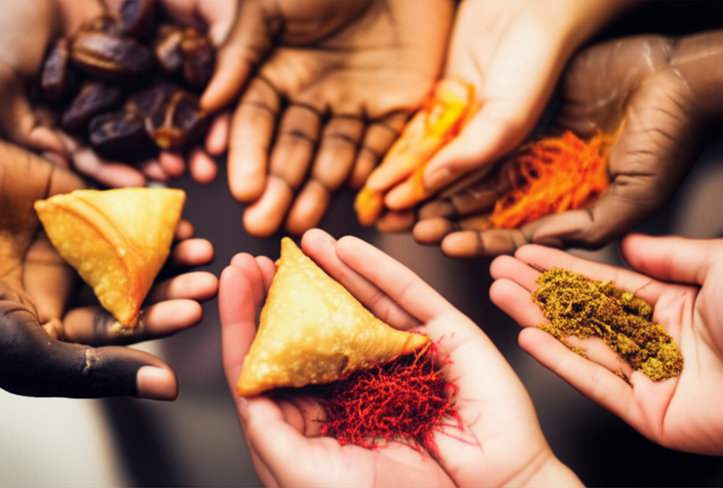 A close-up shot featuring a variety of hands (representing different skin tones and potentially ages - suggesting intergenerational transfer of knowledge), each holding a different Halal food item or ingredient. The items should clearly originate from different regions of the Islamic world (e.g., dates, saffron, a small samosa, spices). The focus is on the diversity of hands and food items, not individual faces, to avoid potential cultural sensitivities around portraiture. The background is blurred and warm-toned to keep the focus on the hands and food.
