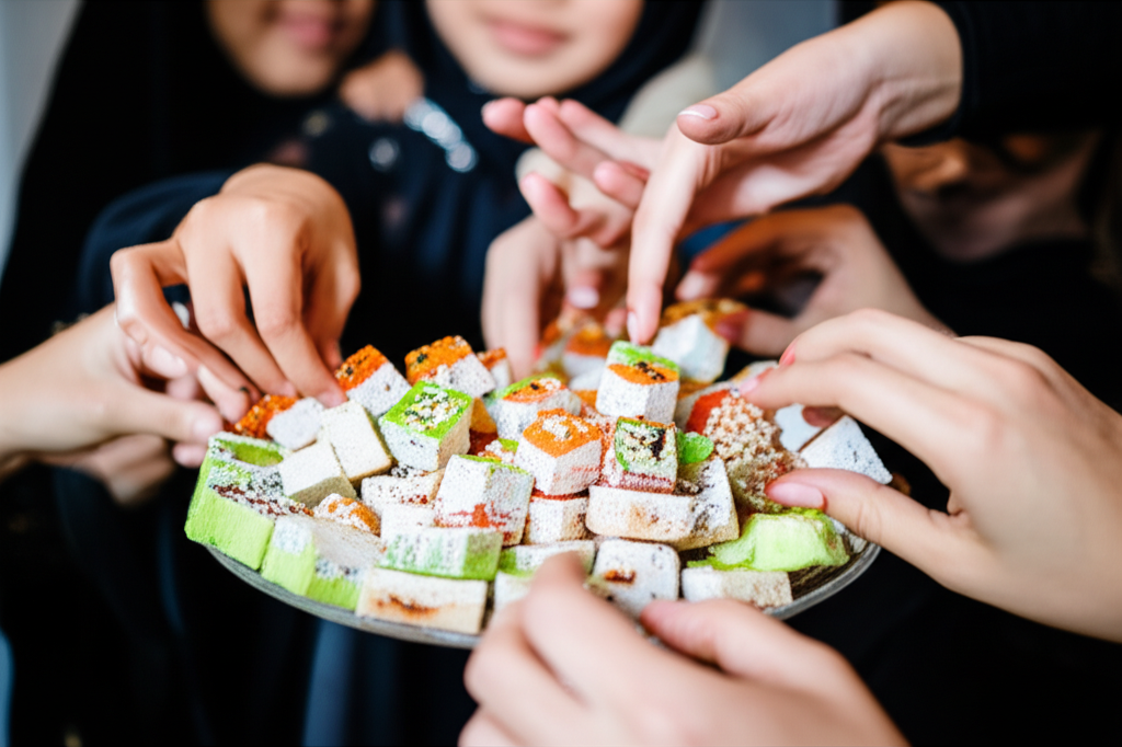 A close-up shot of several diverse hands reaching towards a shared plate overflowing with colourful and intricately decorated Halal desserts, capturing the movement and energy of people enjoying the food together. The focus is on the hands and the food, subtly blurring the faces to emphasize the shared experience.