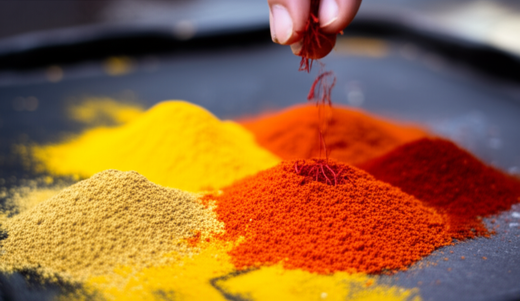 Close-up, shallow depth-of-field shot of a hand sprinkling saffron threads onto a vibrant mound of colorful, freshly ground spices (cumin, turmeric, paprika) arranged on a dark, textured surface.