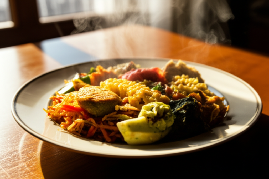 A close-up shot of a steaming plate of colorful Halal food, bathed in soft, warm, diffused sunlight coming from a nearby window, with subtle shadows enhancing the textures and details of the food.