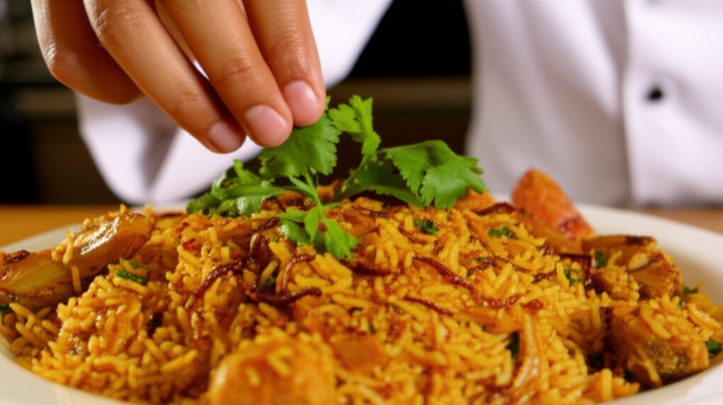 A chef, bathed in warm, inviting light, carefully garnishing a plate of fragrant biryani with fresh cilantro. The focus is on their hands and the detail of the dish, conveying skill and artistry.