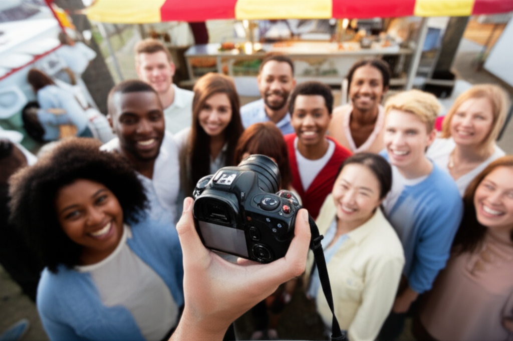A hand holding a camera, gently angled down towards a group of diverse individuals at a food stall. The individuals in the group are smiling and looking at the camera holder with welcoming expressions. The food stall is partially visible in the background, hinting at the festive atmosphere.