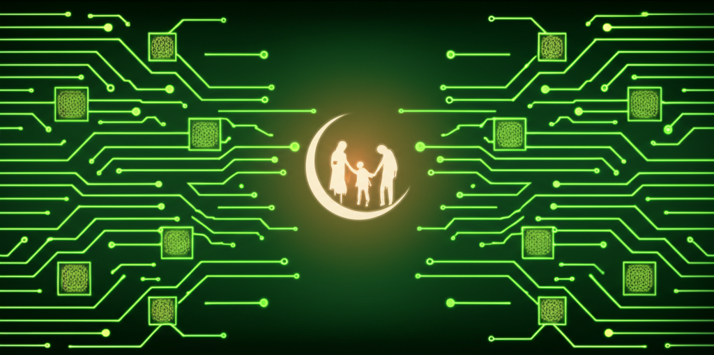 A stylized, interconnected network of glowing, green lines and nodes resembling a circuit board. Within the nodes, subtle silhouettes of traditional Islamic geometric patterns can be faintly seen. At the center of the network, a stylized, glowing crescent moon subtly emanates a warm, comforting light that bathes a silhouette of a close-knit family (mother, father, child) holding hands.