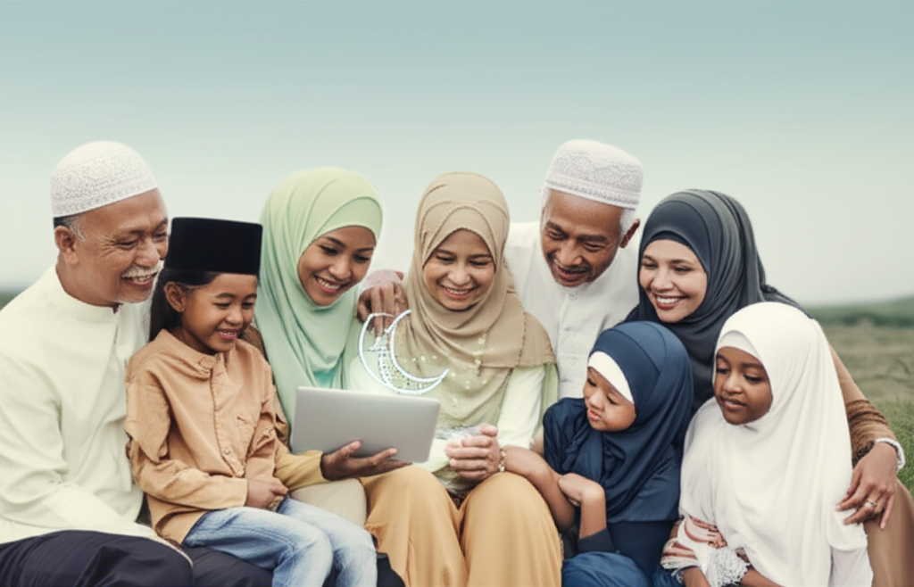 An image showing a diverse, multigenerational Muslim family (grandparents, parents, children) gathered around a glowing tablet displaying a subtle, stylized icon of a crescent moon intertwined with a technological circuit. The faces are content and relaxed, with a sense of reassurance and connection being visually conveyed.