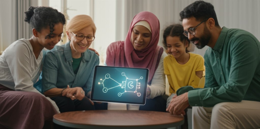 An image showing a diverse family (different ages, ethnicities) gathered around a modern tablet. The tablet displays a stylized, glowing icon that blends an AI symbol (like a neural network node) with a Halal symbol (like a crescent moon). The overall feeling is warm, secure, and technologically advanced.