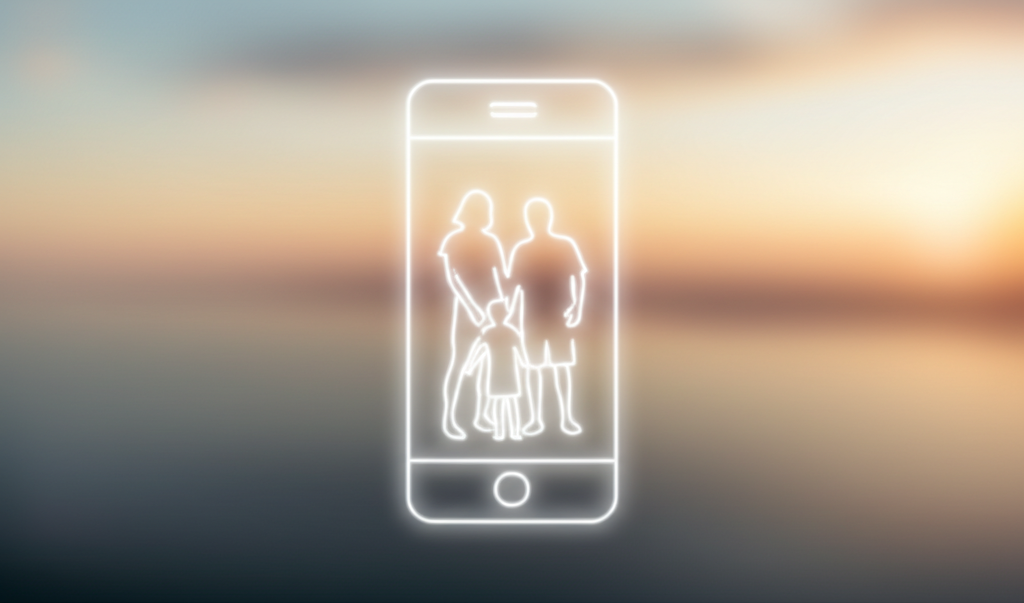 A stylized, glowing outline of a family (mother, father, and child) standing in silhouette. The silhouette is positioned within a larger, translucent outline of a smartphone.
