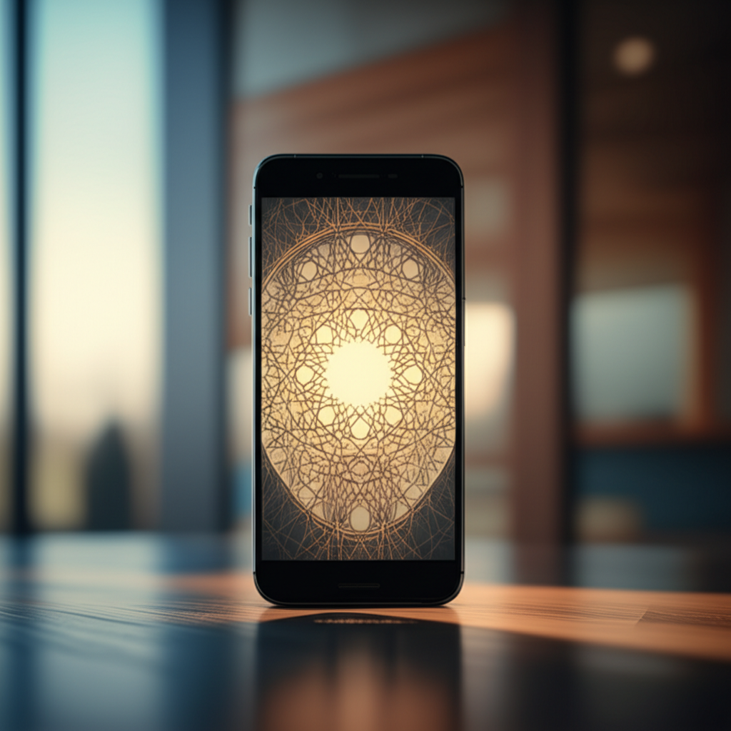 A stylized, gently glowing smartphone displaying an intricate, geometric Islamic pattern (like a tessellation or arabesque design) on its screen. The background should be soft and blurred, suggesting a modern, clean environment.